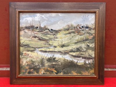 une peinture à l'huile représentant un paysage avec des vaches broutant dans un champ