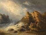 an image of a painting of a rocky coast with people on it
