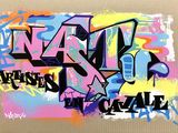 un graffiti sur une boîte en carton, avec le mot « nasty » écrit dessus