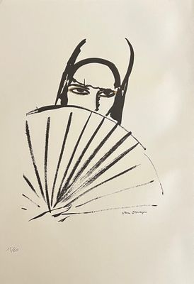 un dessin en noir et blanc représentant un homme tenant un éventail