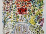 an image of a painting of a garden with a red house in the background