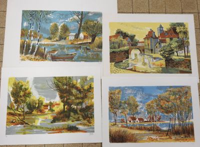 four paintings of different landscapes are displayed on a tile floor