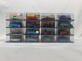 many toy cars in a display case on a white background