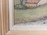 a picture of a painting of a house in a field
