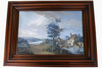 peinture représentant un paysage avec une rivière et un village au loin