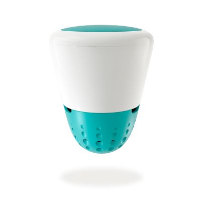a blue and white cup that is floating in the air