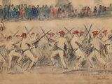 drawing of a group of men in uniform marching in front of a crowd