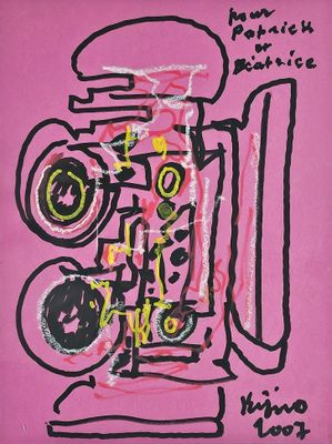 peinture représentant un téléphone rose sur fond rose, avec des inscriptions en noir et jaune