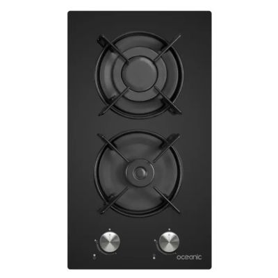 une plaque de cuisson noire à deux feux et deux boutons