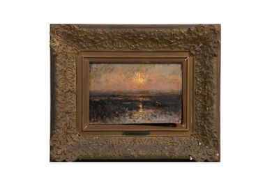 une image d'un tableau représentant un coucher de soleil sur une étendue d'eau