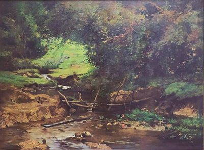 a picture of a painting of a stream in the woods