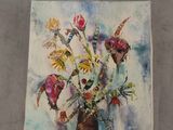 a painting of flowers in a vase on a table