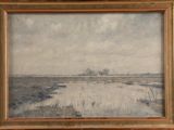 an image of a painting of a field with a house in the distance
