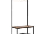 a wooden coat rack with two shelves and a shelf underneath it
