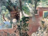 an image of a painting of a stone wall and a tree