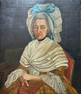 tableau représentant une femme vêtue d'une robe blanche et d'une coiffe bleue
