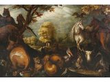 une image représentant un tableau où l'on voit des animaux et des oiseaux dans une zone boisée