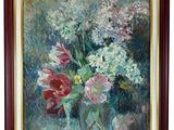 painting of flowers in a glass vase on a blue background