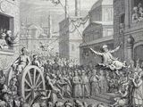 un vieux dessin représentant une foule rassemblée autour d'un homme sur une roue