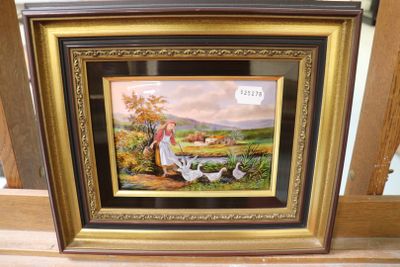 framed picture of a woman and two dogs in a country setting