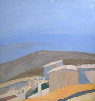 a painting on the wall of a building with a tree in the foreground