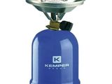 a close up of a blue kemper stove on a white background