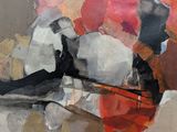 peinture abstraite représentant une femme allongée sur un lit avec un oreiller rouge et blanc