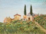 une peinture à l'huile représentant une maison sur une colline avec des arbres en arrière-plan