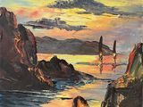 painting of a sunset over the ocean with sailboats in the distance