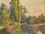 tableau représentant une rivière avec, au premier plan, des arbres et des nénuphars