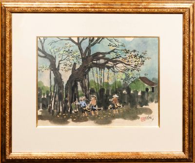 painting of a group of people sitting under a tree in a park