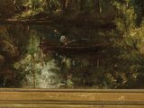 painting of a river scene with a boat in the foreground and trees in the background