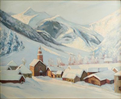 painting of a village in the mountains covered in snow with mountains in the background