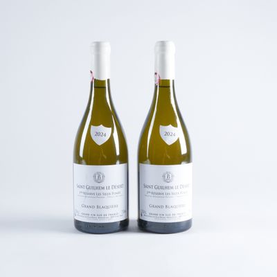 deux bouteilles de vin blanc posées l'une à côté de l'autre sur une surface blanche