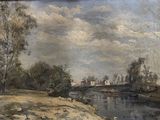 une peinture d'une rivière avec un pont à l'arrière-plan