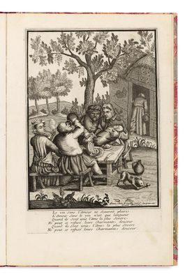 an old book with a drawing of a man and a woman sitting on a bench