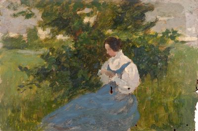 a painting of a woman in a blue dress sitting in a field