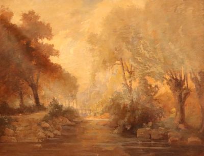 tableau représentant un tableau d'une rivière avec des arbres en arrière-plan