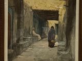 tableau représentant une femme marchant dans une rue d'un village