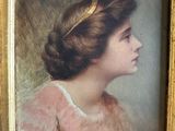 painting of a woman in a pink dress with a gold headband