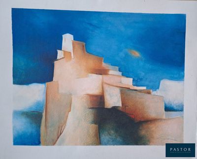 a picture of a painting of a building in the sky