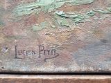 a close up of a painting of a bird on a bench