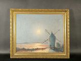 une peinture à l'huile représentant un moulin à vent sur une colline, avec la lune en arrière-plan