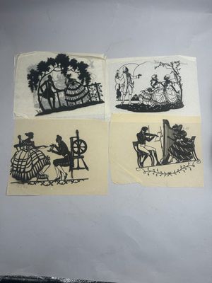 quatre dessins en noir et blanc représentant des personnes et des animaux, sur papier