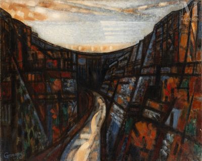 an image of a painting of a train going through a tunnel