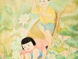 tableau représentant deux enfants dans une barque sur un étang de nénuphars