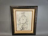 a drawing of a man sitting on top of a toilet next to a wall