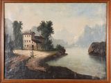 an old painting of a house by a river with a man walking on the shore