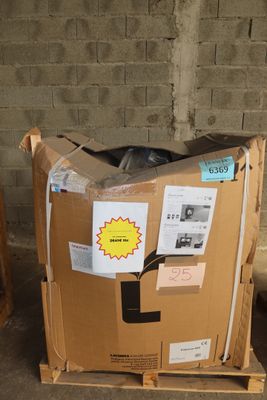 a cardboard box sitting on top of a pallet in front of a brick wall