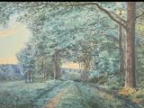 un tableau représentant un sentier au milieu d'une forêt